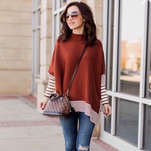 Chicwish Burnt Orange White Stripe Border Poncho Sweater One Size - Picture 1 of 8